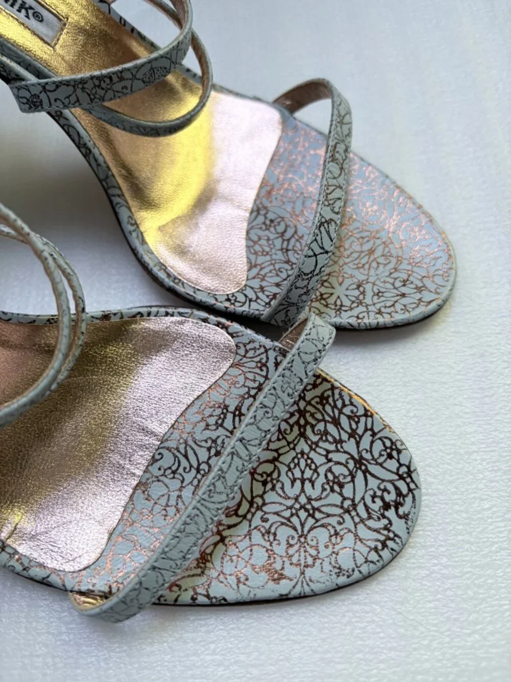 Manolo Blahnik Blue Gold Filigree Leather Strappy Heels EU 36